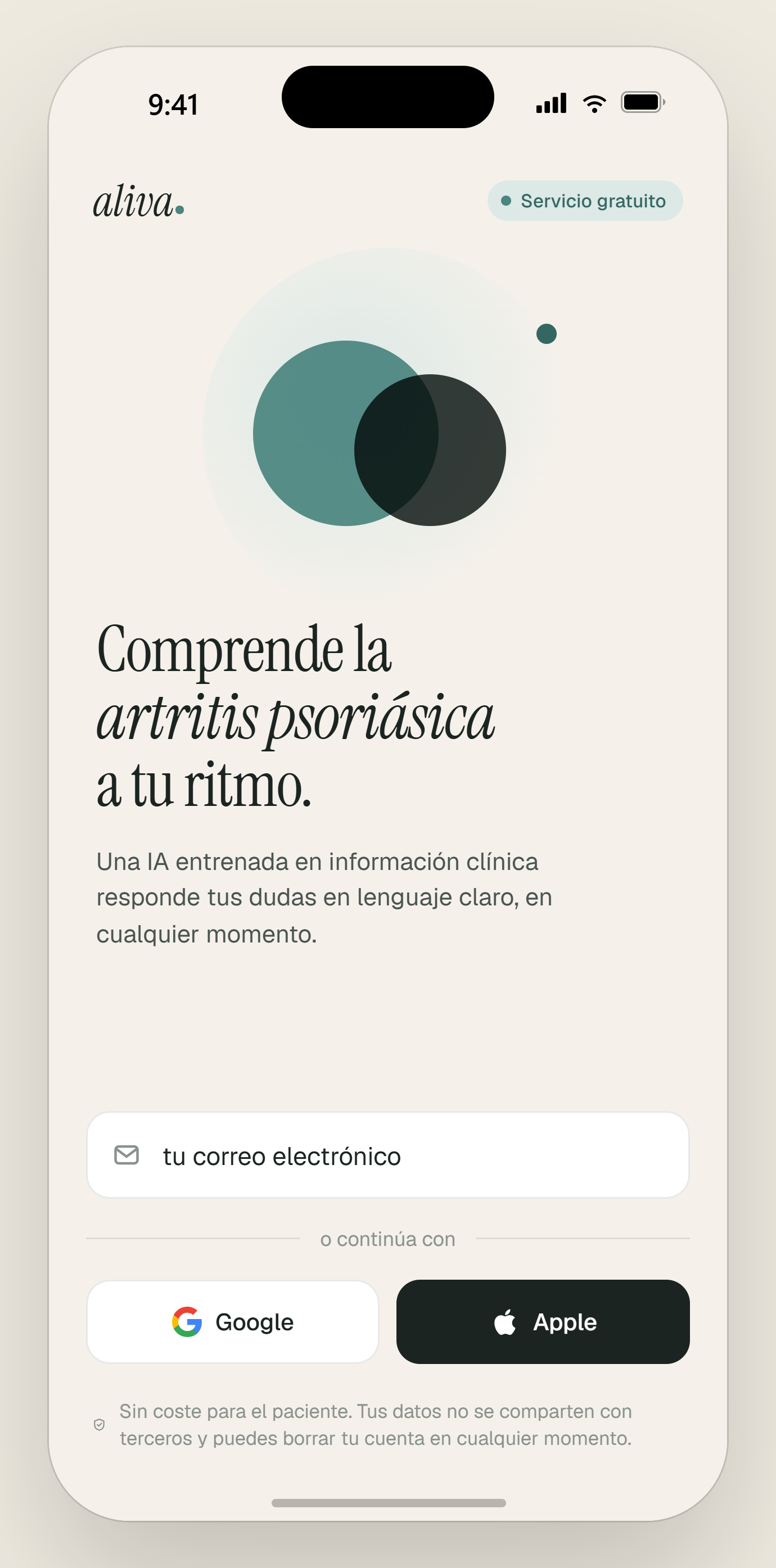 Pantalla de acceso de la demostración de Aliva para artritis psoriásica.