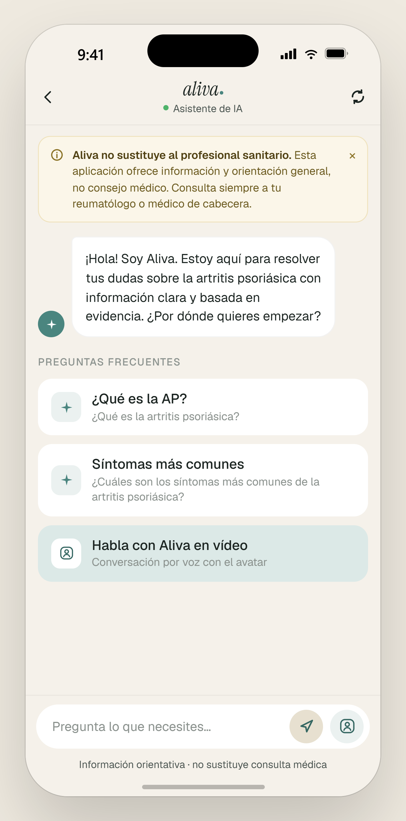 Interfaz conversacional de Aliva con preguntas sobre artritis psoriásica.